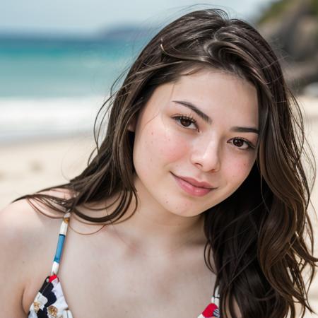 RAW photo, a close up portrait photo of miranda cosgrove in a bikini , long haircut, pale skin, slim body, background is a beach, (high detailed skin:1.2), 8k uhd, dslr, soft lighting, high quality, film grain, Fujifilm XT3 <lora:miranda cosgrove v1.3:1>