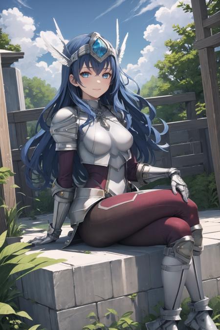 best quality, (masterpiece:1.2), illustration, absurdres,
(1girl, solo),  (beautiful detailed girl),
<lora:Ennea-08:0.8>, blue hair, long hair, wavy hair, blue eyes, medium breasts,
armor, armored_dress, winged visor, wing ornament, bodysuit, black_bodysuit, pantyhose, armored_boots, greaves, red skirt, red waistcloak,
relaxed, gentle smile, looking at viewer,
magical forest, flowers, sky, clouds