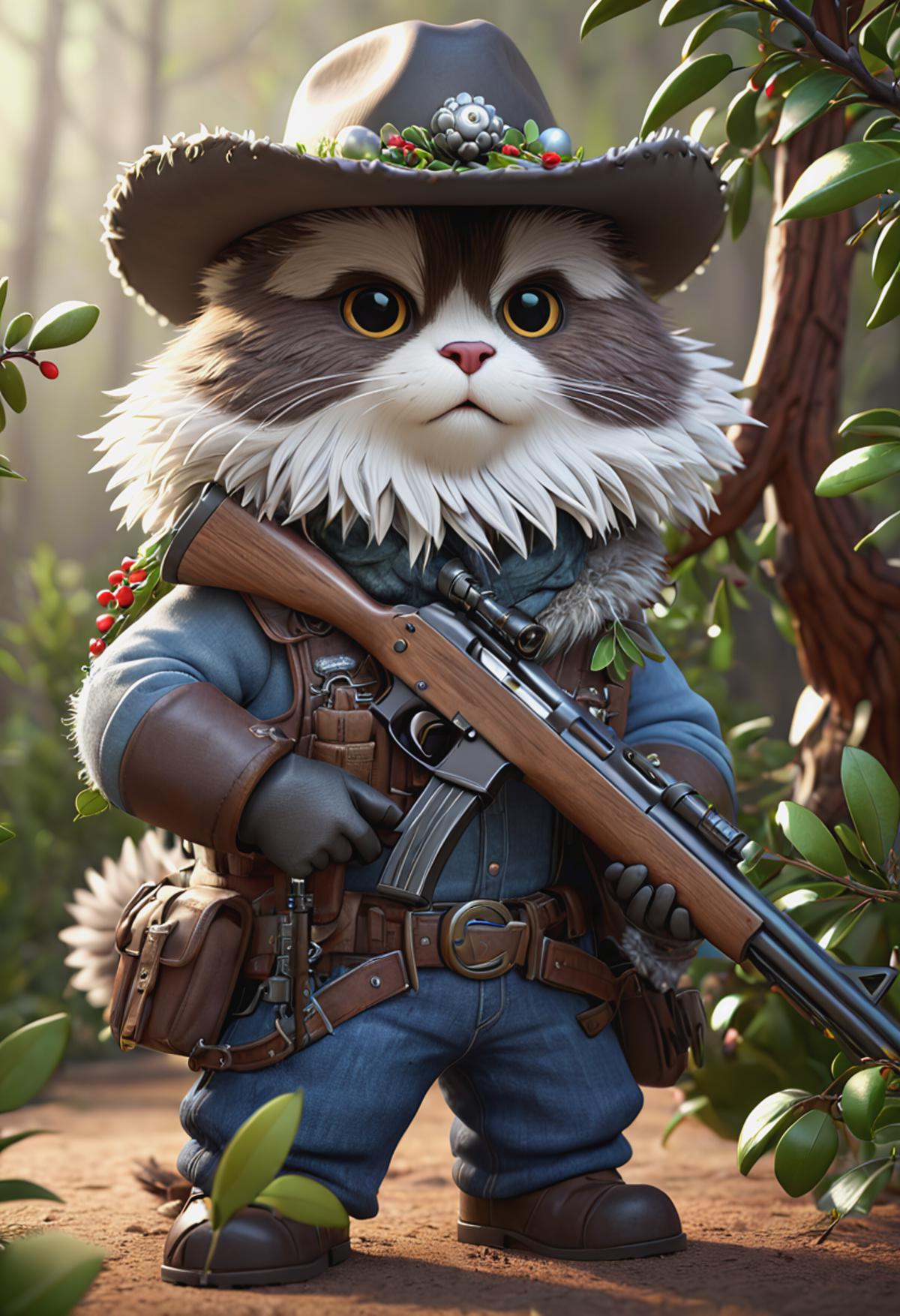 A cute, cartoon-like character dressed in a cowboy hat and holding a gun.