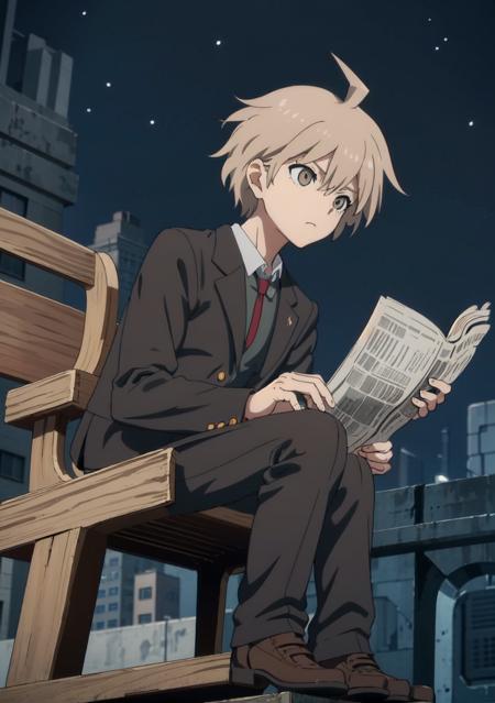 masterpiece, best quality, 1boy,  night, city, (full body:1.3), black suit, white shirts, bench, sitting, reading a newspaper, from below, ahoge, short hair, brown hair, <lora:MakonaeA-06:0.55>,