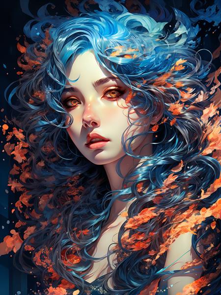 1girl,solo,blue hair,long hair,parted lips,looking at viewer,lips,brown eyes,artist name,portrait,upper body,nose,floating hair,yellow eyes,<lora:Justin_ççèå°å¥³_V60:0.7>,