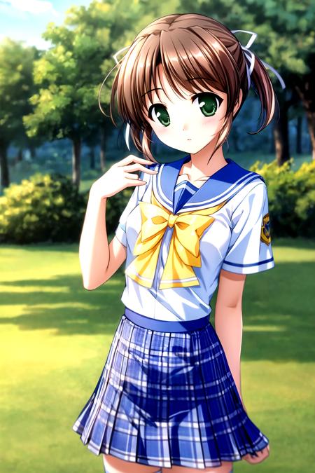 best quality, ultra-detailed, an extremely delicate and beautiful, high resolution, extremely detailed CG, masterpiece,
cowboy shot,
expressionless,
(small breasts:1.1),
yoakena, asagiri mai, 1girl, solo, brown hair, short hair, hair ribbon, twintails,  green eyes,
skirt, school uniform,plaid, plaid skirt, bow, pleated skirt,serafuku,shirt, bowtie, blue skirt, white shirt, thighhighs,short sleeves, zettai ryouiki,white thighhighs, 
<lora:yoakena_V1_1-000015:0.7>,
<lora:outline:-0.3>,  <lora:add_detail:0.4>,