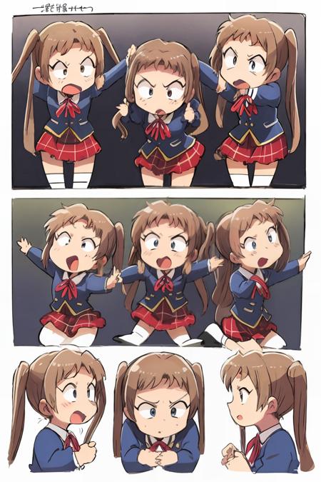 masterpiece, best quality,  <lora:TSZM:1>,<lora:style05:1>,1girl,multiple girls, multiple views, comic,border,koma,simple background, (chibi:1.3),school uniform, plaid skirt, long hair, twintails, blue eyes, blonde hair, pineapple,