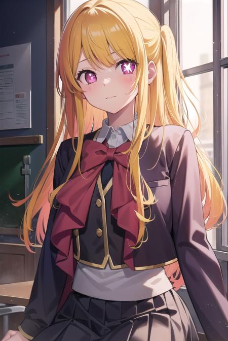 rubyhoshino, <lyco:rubyhoshino-lyco-nochekaiser:1>, 
ruby hoshino, (yellow hair:1.5), long hair, one side up, (pink eyes:1.5), sidelocks, (star-shaped pupils:1.5), (symbol-shaped pupils:1.5), (mismatched pupils:1.5),
BREAK black vest, blue jacket, bow, bowtie, collared shirt, cropped jacket, jacket, kneehighs, long sleeves, pink bow, pink bowtie, pleated skirt, school uniform, shirt, skirt, socks, vest, white shirt, white socks, youtou high school uniform,
BREAK looking at viewer,
BREAK indoors, classroom,
BREAK <lyco:GoodHands-beta2:1>, (masterpiece:1.2), best quality, high resolution, unity 8k wallpaper, (illustration:0.8), (beautiful detailed eyes:1.6), extremely detailed face, perfect lighting, extremely detailed CG, (perfect hands, perfect anatomy),