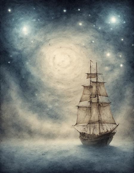 on parchment magic flying explorer approaching the pleiades aboard a magical sailboat in the sky mist fog gravity-defying aloft flight night sky cosmic