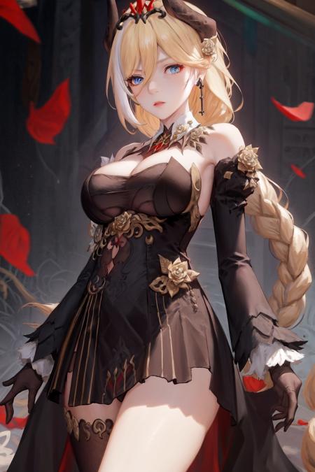 masterpiece, best quality, highres, 1girl blue eyes hair flower horns earrings braided ponytail tiara <lora:durandal_nibelungen_traumlied:1> black dress bare shoulders breasts cleavage black gloves long sleeves single thighhigh fur trim detached collar