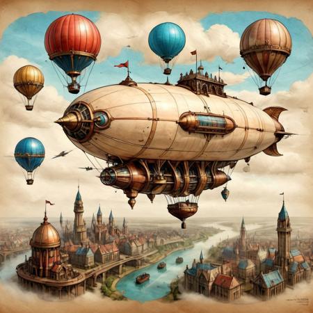 Jules Verne inspired flying sky city, masters of the air, Robur the conqueror, steampunk, giant airship, balloon, aerostat, on parchment, triadic colours