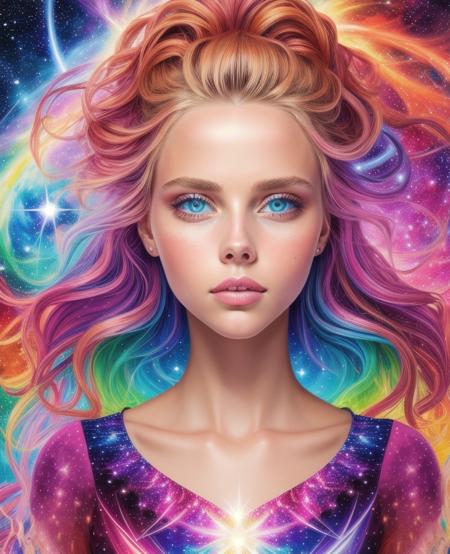 ultra realistic photo portrait of Scarlett Leithold cosmic energy, colorful, painting burst, beautiful symmetrical face, nonchalant kind look, realistic round eyes, tone mapped, intricate, elegant, highly detailed, smooth, sharp focus, illustration, dreamy magical atmosphere, 4k, 8k