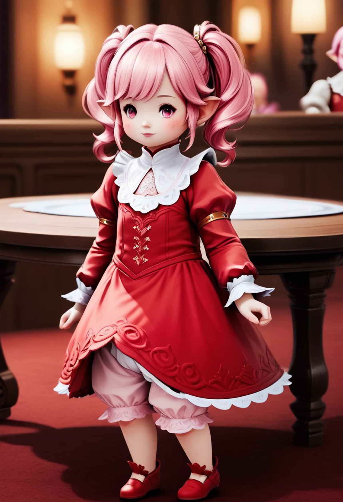 LalaTater, Lalafell, bloomers, depth of field, 1girl, dress, long sleeves, pink hair, puffy sleeves, red dress, red footwe...