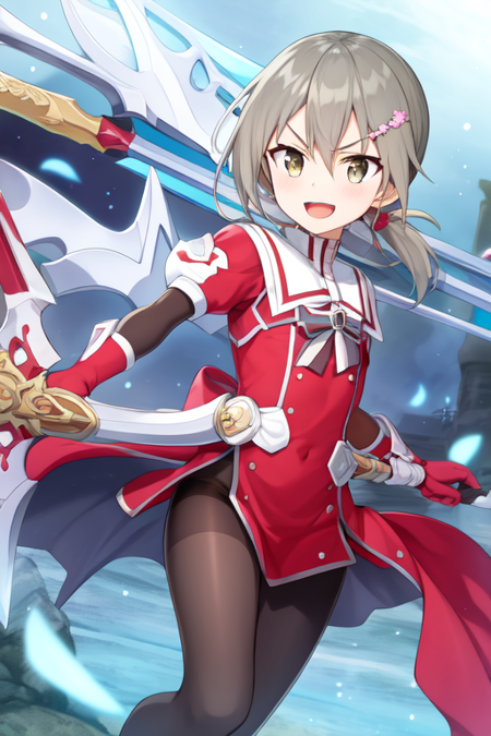 minowagin, hairclip, ponytail, 1girl, solo, holding, dual wielding, weapon, open mouth, red gloves, running, sword, hair between eyes, v-shaped eyebrows, gloves, smile, magical girl, pantyhose, holding weapon, :d