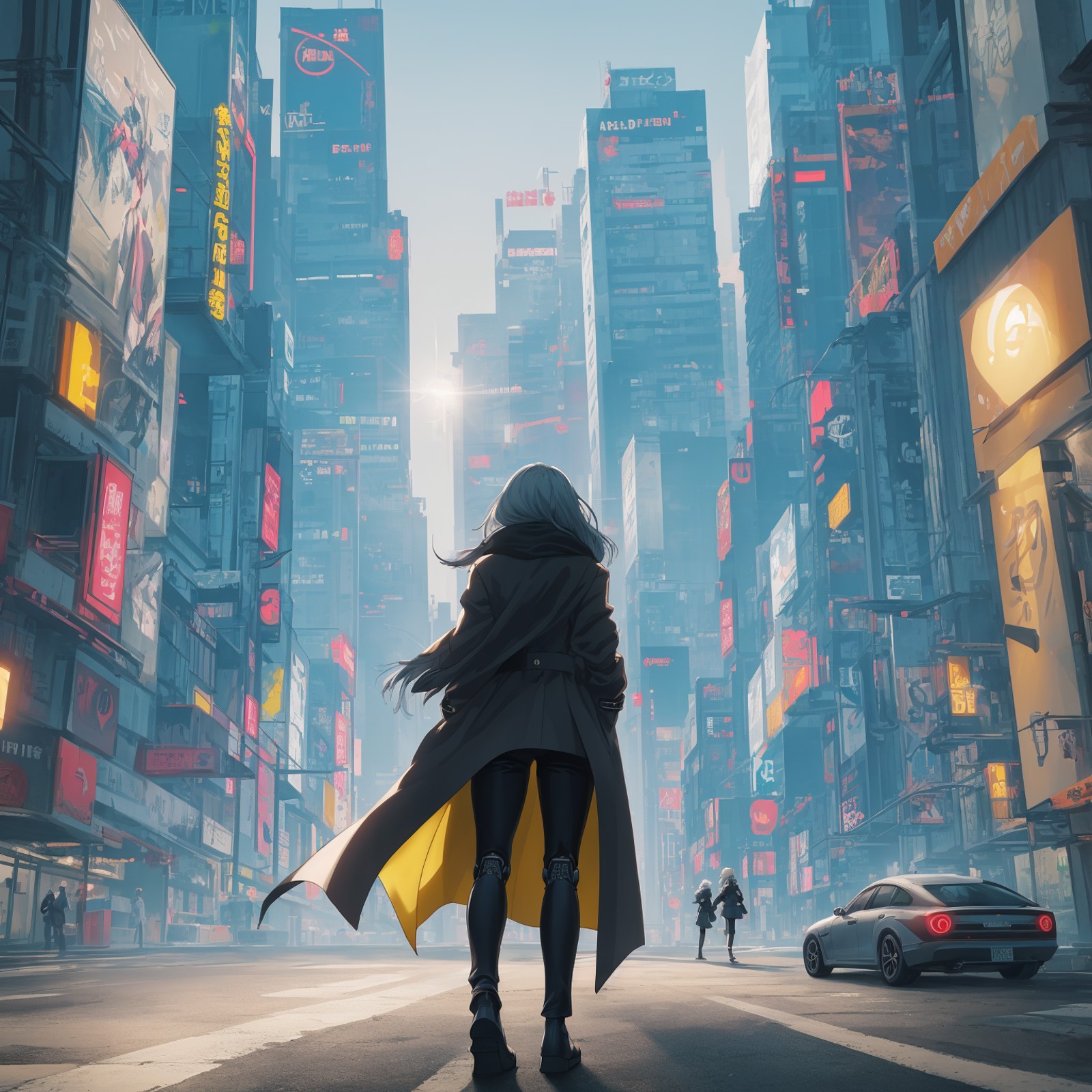 (anime robot girl looking at sunrise)1.5, no eye contact, chest length white hair, black scarf, dark grey trench coat, han...