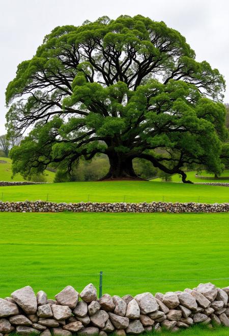 score_9, score_8_up, score_7_up, Photo Quality, there is a lush green field surrounded by a stone wall.  There is a humongous old oak tree In the middle of the field on the top of a hill