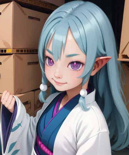 Ao,teal hair,purple eyes,pointy ears,pink eyes,long hair,
white kimono,evil smile,wide sleeves,
standing,
warehouse,
(insanely detailed, beautiful detailed face, masterpiece, beautiful detailed eyes, best quality),<lora:Ao-10D7:0.8>,