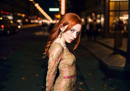 candid RAW portrait photo of a woman (Ruth McLoud:1.0) with red hair and a brown colored (intricated dress:1.2) on a dark street with shopping windows (at night:1.2), bokeh, Lomo, dof, high definition, detailed, intricate, flashlight <lora:flashlightphoto_v1.5a:1>