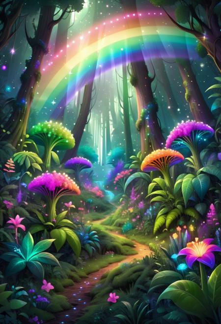 lush forest with alienplants with rainbow colored blooms and glowing sparkles