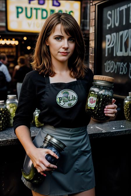 a professional photograph of beautiful 24 year old (T4b1th4:1.1) woman,as a beautiful merchant,wearing a (pearl gray) (shopkeepers apron:1.2)over(black shirt:1.1),holding a (large jar of pickles:1.4),standing in front of a (produce stand:1.1),at a busy street market,on cobblestone street,crowded with shoppers,long hair,lipstick,makeup and eyeshadow,magazine advertisement photoshoot,sharp focus,detailed eyes,(highly detailed),(HDR),(8k wallpaper),intricately detailed,high contrast,highres,absurdres,hyper realistic,8K UHD DSLR,Fujifilm XT3,taken with (Canon EOS 1Ds camera),extremely intricate,(looking at viewer),4k textures,elegant,(cinematic look),hyperdetailed,PA7_Portrait-MS,<lora:T4b1th4_05A-000002:0.9>,