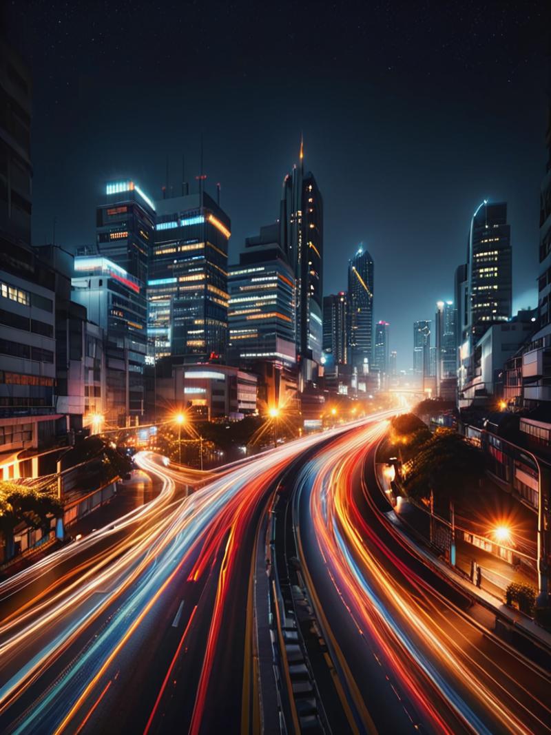 A Blurred Nighttime Cityscape with Lights and Tall Buildings