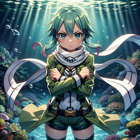 masterpiece,best quality,highly detailed,1girl,solo,serious,concentrating,v-shaped eyebrows,
<lora:sinon_v5:0.75>,sinon1,scarf,fingerless gloves,long sleeves,short shorts,hair ornament,hairclip,green thighhighs,green jacket,thigh strap,
BREAK
<lora:x-Arms:0.4>,(((crossing arms in an X shape,crossed arms,clenched hands))),cross,hands on own chest,(((underwater))),air bubble,bubble,