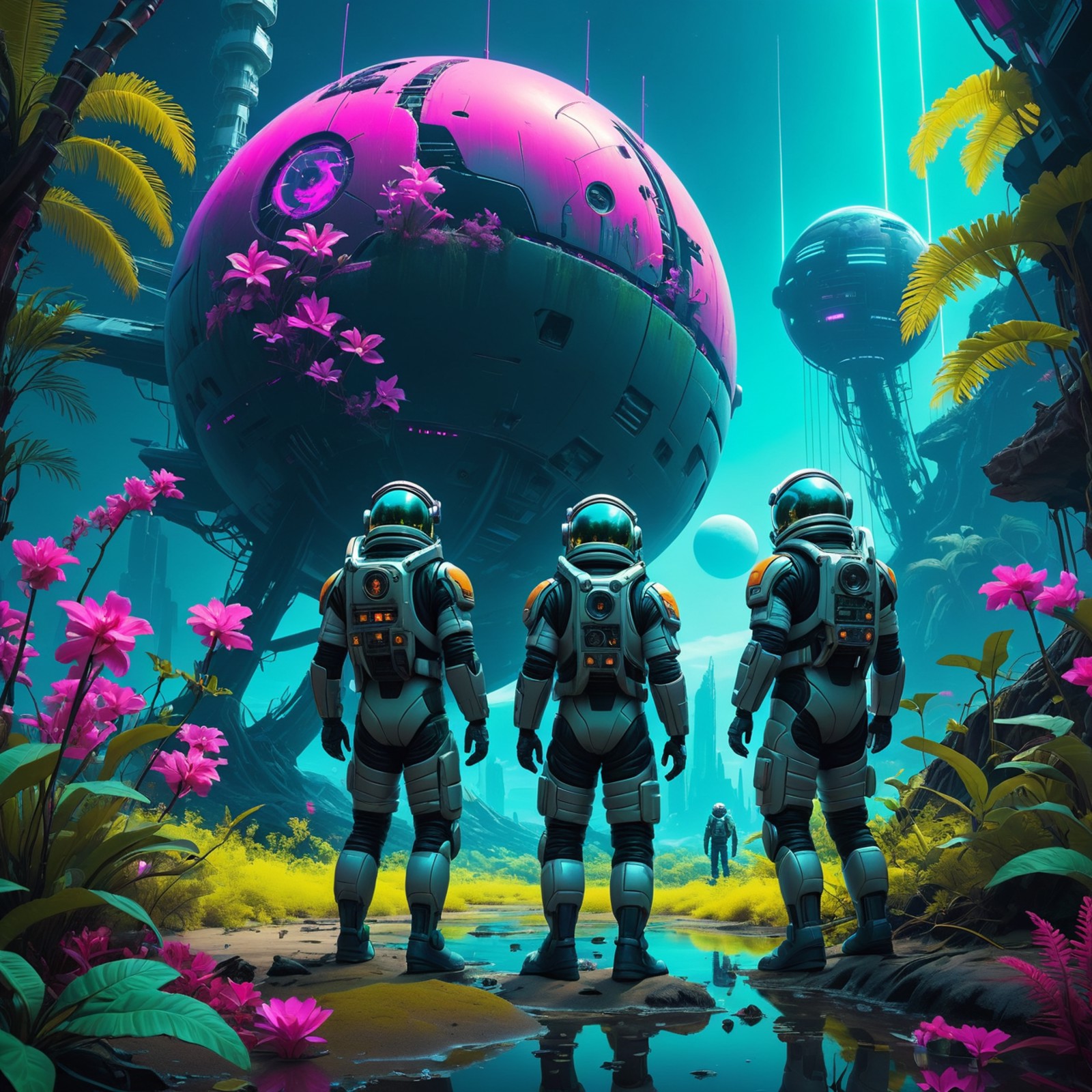 Shipwrecked astronauts on a planet where the flora and fauna mimic their fears., (futuristic Neon cyberpunk synthwave cybe...