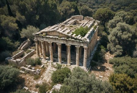 Overhead view, image of a ruined ancient greek temple, with overgrown vines, in a mediterranean forest, RPG map,  haze daylight, high detail, film photography, overhead view only, phot realistic, best quality