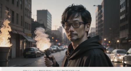 masterpiece, high quality, ultra high res, 1man, mid-age man, holding assault rifle,, wizard with black robe, detail face, fire, energy, outdoors, city, <lora:hideoKojima:1>,  ((solo)), best quality, ultra high res, (photorealistic:1.4),