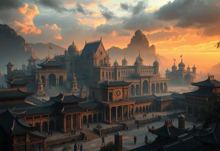 Mournhold and Theed Naboo with Ming-era Chinese and Joseon-era Korean influences. Featuring Vivec Canton and Vivec's Palace from Morrowind. Ultra-realistic, epic composition, highly detailed. Dramatic and atmospheric urban landscape inspired by the Marin County Civic Center and Plaza de Espana, reimagined by Industrial Light & Magic. Royal Palace of Caserta. 4K resolution, post-processed for fantasy city posters and wallpapers.