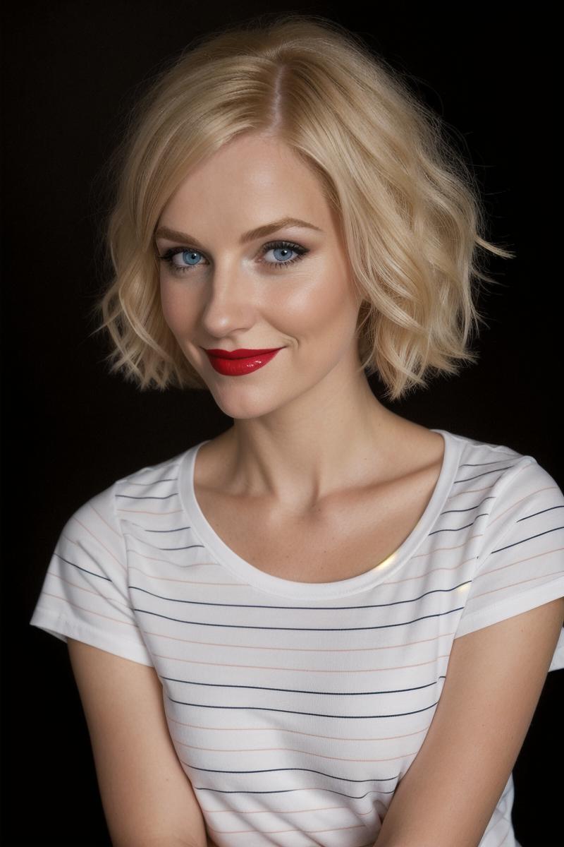 Blonde woman with red lipstick and a white and black striped shirt.