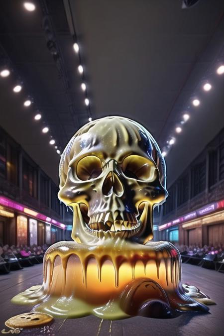 slime-morph, sl1m3d, made of slime, skull, podium, bright lights, ultra realistic