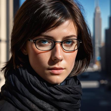 (masterpiece:1.2) (extremely detailed:1.2) {portrait of Breathtaking 1women, (baby blue eyes color), (highly detailed shiny skin texture:2), (freckles), blemishes, skin pores, exquisite face features, Lush Detail, (feature black long bob haircut), (black frame) glasses, (black ice cap), (black scarf:2) around neck, window, buildings view}} (close-up shot:1.5), Front view, (Silhouette), (Hard shadows:2), Radiant light rays, hyperrealistic, hyperrealism, unreal engine, 8k, sharp focus, depth of field, Motion Lines