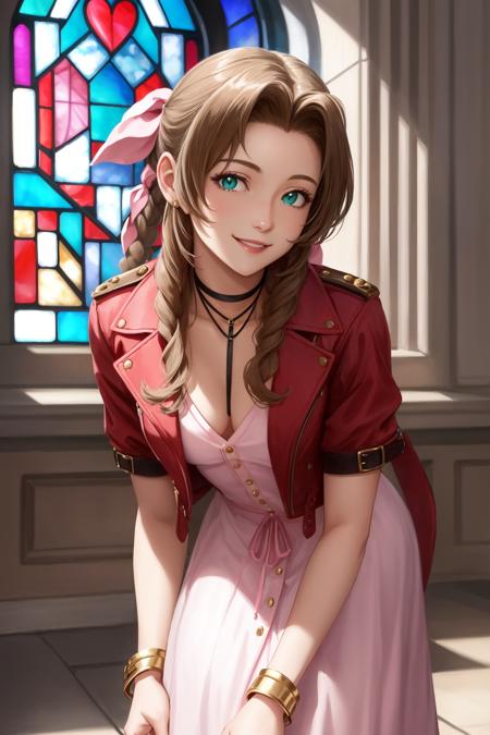 aerith gainsborough choker, cropped jacket, hair bow, bracelet, pink dress, brown boots very long hair, hair ribbons, hair flowers, strapless red dress, high heels 