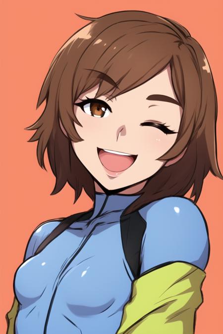 masterpiece, best quality, brown hair, brown eyes, smile, open mouth, one eye closed, small breasts, blue bodysuit, long sleeves, upper body, portrait, akai style