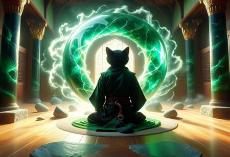 Deep within the hallowed halls of the Ninja Academy, sequestered from prying eyes, a solitary student kneels in silent contemplation. Whiskers twitch imperceptibly as concentration intensifies, pupils narrowing to mere slits. Paws rest lightly upon thighs clad in midnight-black gi, fingers curled inward to conceal razor-sharp claws honed to lethal perfection.
Suddenly, a ripple disturbs the tranquility of the chamber. From the very stones of the walls, chunks of granite begin to shudder loose, rising slowly into the air as if tugged upward by invisible strings. First pebbles, then fist-sized rocks, growing larger with each passing second until massive boulders hover menacingly overhead, poised to crush anything unfortunate enough to cross their path.
Yet the feline practitioner maintains absolute composure, breathing deeply and evenly despite the exertion required to levitate such immense weights. Pale-green energy pulses visibly from the center of his forehead, coalescing into a shimmering sphere that rotates languidly before him. Wisps of ectoplasmic mist curl outward from the orb, tracing ephemeral patterns in the stale air.
concept-art, digital, dreaminess, cute, big-eyes, fantasy, nature, portraits, vibrant, whimsy, beautiful, painterly, detailed, textural, artistic, aesthetic, intricate details, highly detailed, ultra-detailed, absurdres, vivid, vibrant, volumetric lighting, unreal engine, octane rendering, high contrast, midjourneyv6.1, emeraldmorph