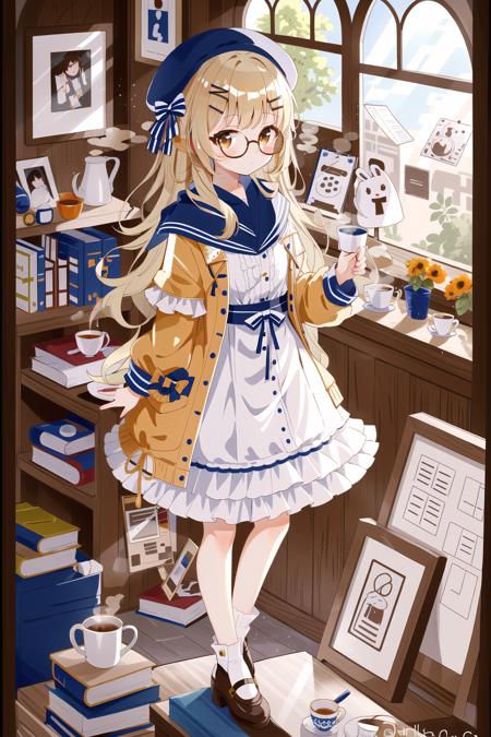 1girl, cup, long hair, solo, blonde hair, hat, glasses, holding, food, steam, hair ornament, stuffed toy, stuffed animal, dress, picture frame, bow, looking at viewer, flower, long sleeves, standing, shawl, book, full body, hairclip, holding cup, chair, shoes, teacup, mug, brown eyes, stuffed bunny, orange bow, indoors, yellow eyes, coffee, brown headwear, rabbit, beret, window, photo (object), clock, picture (object), bangs, hat bow,   <lora:cute style:0.5>