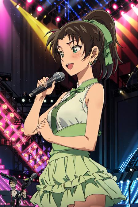 kazuhatv,1girl,solo,short hair,hair ribbon,ponytail,medium breasts,nose blush,sleeveless dress,earrings, indoors, banquet,stage,fantasy,stage lights, happy,microphone, singing, 
<lora:kazuhatv:0.8>