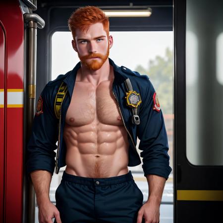 a male 22 years old firefighter man taking off clothes at a firestation, seductive facial expression, ginger hair, medium beard, hairy body, sweat on body, firefighter uniform, firefighter gear, pulled down pants, dynamic pose, staring at a viewer, natural lighting, natural shadows, reflections,  4K, HDR, highly detailed, raytracing, reflections,