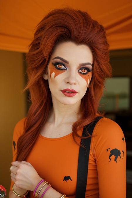 Cheetara from thundercats, absurdres, cheetara, long flowing hair, Cheetara bodysuit, orange bracer, bracelet, upper body <lora:Cheetara_v1-000077:1>,"Cheetara facepaint makeup"