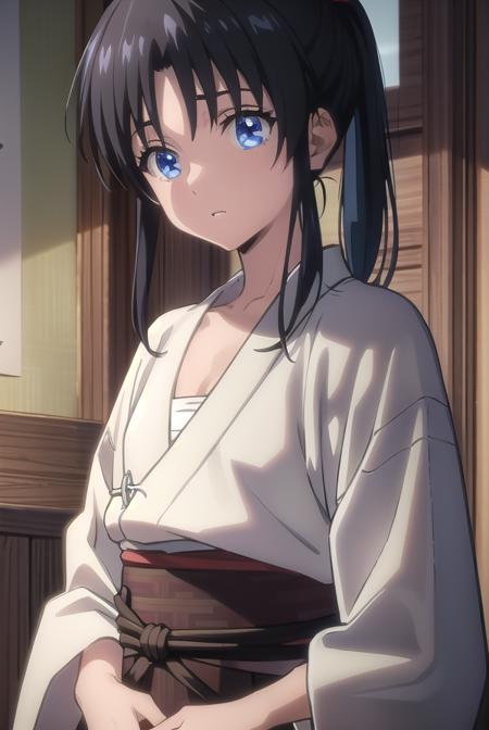 kaoru kamiya, blue eyes, black hair, pink bow, bow, hair bow, kaoru kamiya, blue eyes, black hair, ponytail, japanese clothes, kimono, sash, obi, skirt, japanese clothes, hakama, hakama skirt, japanese clothes, open clothes, kimono, bandages, hakama, sarashi, open kimono, chest sarashi, hadanugi dousa, bokken,