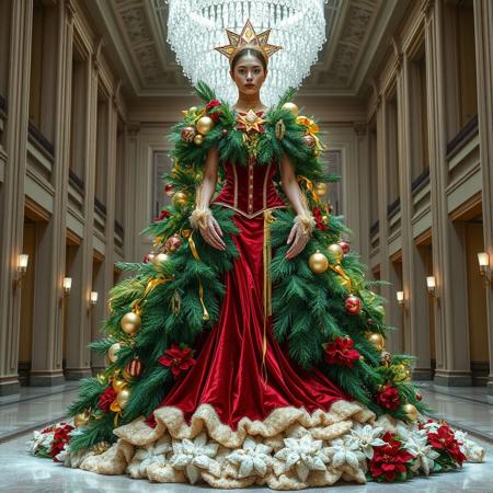 A conceptual and avant-garde Christmas look where the model becomes a living Christmas tree. The gown is a towering, sculptural masterpiece made of layered evergreen branches, adorned with glowing ornaments, tinsel, and cascading ribbons of gold. The bodice is a corset made of shimmering red velvet, and the model’s headdress is a star-shaped crown that emits a soft, golden glow. Her arms are wrapped in delicate, vine-like gloves that sparkle with frost, and her train is a cascade of snow-dusted poinsettias. She stands in a grand hall, her presence illuminating the space like a living holiday centerpiece. Keywords: avant-garde, Christmas tree, evergreen, ornaments, velvet, poinsettia, star crown, frost