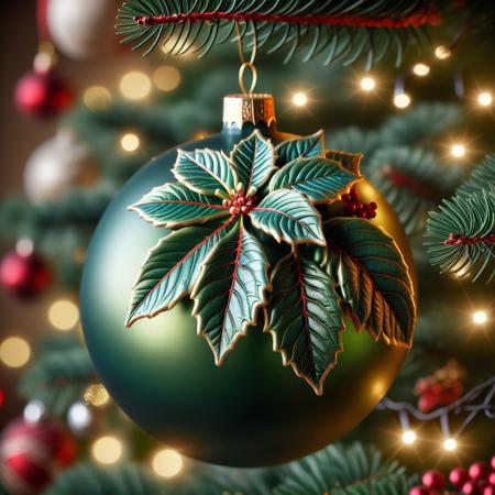 very realistic close-up photograph of a  green Christmas sphere with a  poinsettia on it hanging in a Christmas tree branch