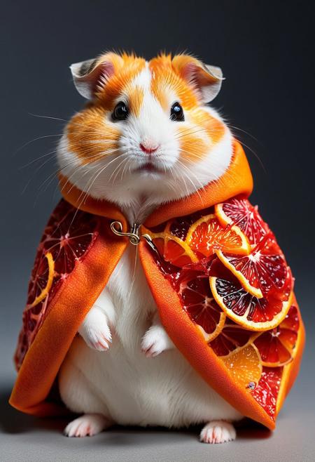 Ultrarealistic. sharp focus, dynamic lighting. play of light, Raytracing, Ultra detailed. (blood orange style). A Roborovski dwarf hamster wearing a coat made of blood orange.