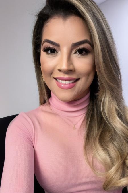 Photo of closeup beautiful r0s4n4bumbum woman, detailed face smiling, (blurred background)+, pink turtleneck blouse