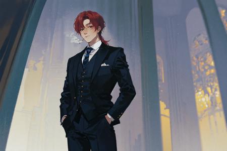 masterpiece, best quality, extremely detailed, detailed background, detailed face, parted bangs, 1boy, red hair, formal, long hair, male focus, suit, solo, necktie, pants, stained glass, black suit, shirt, red necktie, smoke, white shirt, jacket, black pants, hand in pocket, black jacket, collared shirt, long sleeves, cigarette, smoking, vest, looking at viewer, indoors, holding, standing, black vest  <lora:mgm128dim-epoch-000008:1>