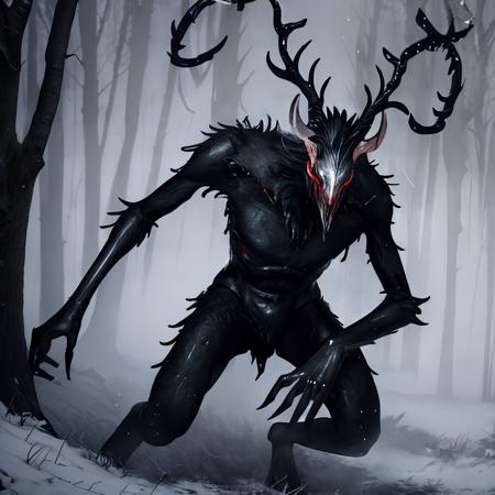 <lora:Wendigo_v01:0.8> masterpiece, hires, 4k, detailed, ((close up)), wendigo standing in a forest, detailed face, snowy, night, trees, running, dark, ominous, bloody