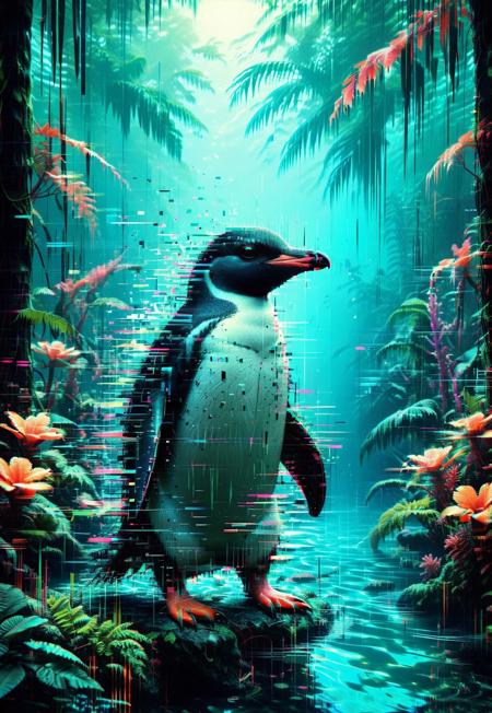 glitch style, penguin, animal focus, lush jungle, glowing plants, vines, glitch effects, flickering shadows, digital ripples, neon water, vibrant foliage, surreal ambiance