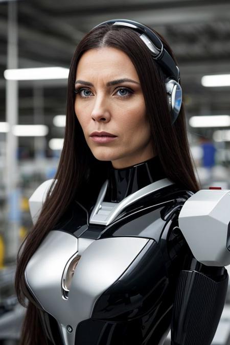A woman with a serious expression in her face. She is building sex robots in her secret robot factory