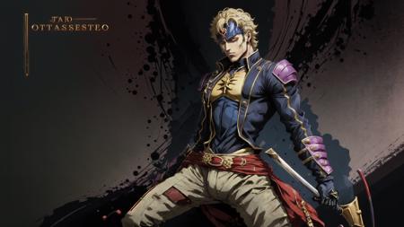 (masterpiece), (best quality), (hires),
jojos5standintro,style parody, jojo background, (solo:1.5),high contrast, grey theme,stand \(jojo\), riding crop,
<lora:jojostyle-ver-n1:0.8>,