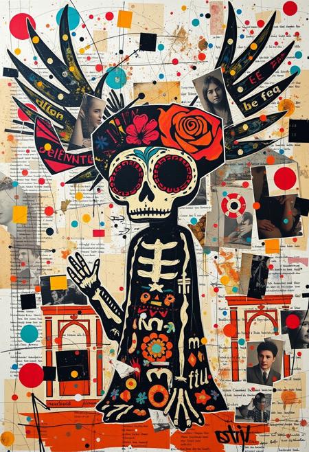 Outsider art. A surreal and deconstructed mixed-media collage in the style of Jacques Prévert with an urgent sense of chaos and energy. An analogue collage artwork blending fragmented styles, layers and textures. 
A graphic Jean-Michel Basquiat street art illustration of a Mexican Day of the Dead Alebrije. 
Layered over this obscuring the image are multiple fragmented and overlapping layers of chaotic thick paint, splatters of paint, palette knife oil paint, handwritten scrawled text messages, torn photographs and broken distorted vintage photographs filling the canvas. 
Layers of repetition of brightly coloured dots in Yayoi Kusama style. Fragmented scribbles and abstract graffiti images in Jean-Michel Basquiat style over the top. This hides sections of the image below. Outlines roughly redrawn in black. The overall effect is manic and anarchic with an urgent sense of energy.