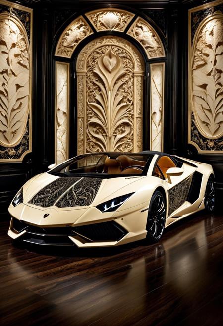 a Lamborghini Temerario concept car carved from ebony and ivory, scrimshaw style, highly detailed bodywork, intricate engravings, black and white contrast, bone and wood textures, elegant and surreal design, ultra-luxury aesthetic, hyper-realistic reflections, aerodynamic shape, dramatic studio lighting, futuristic yet classical fusion, sdxl style, highly reflective surfaces, carved ebony panels, ivory inlays, on a dark reflective showroom floor, with subtle ambient lighting
