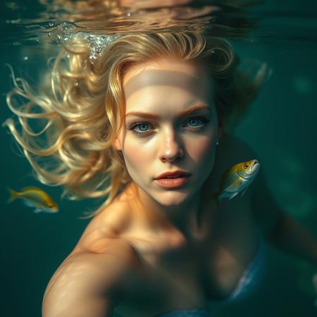 there is a beautifull woman swimming in a sea, blond hair , super focus on female, superrealistic, fishes are swimming near to the woman,