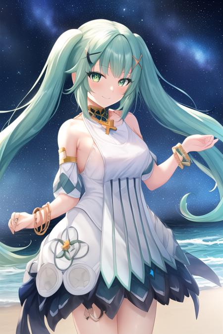 masterpiece, best quality, highres, solo, {night:1.10}, {starry sky:1.10}, beach, beautiful detailed sky, {extremely detailed background:1.20}, mature, {faruzan_genshin:1.10}, long_hair, twintails, bangs, hair_ornament, aqua_hair, x_hair_ornament, breasts, jewelry, green_eyes, small_breasts, bracelet, symbol-shaped_pupils, {standing:1.10}, looking at viewer, {bikini:1.30}, light smile